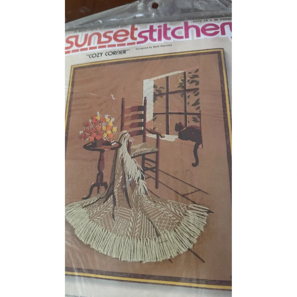 Vintage 1979 Sunset Stitchery Cozy Corner Crewel Kit Beth Rienstra Cat 2696 NOS
